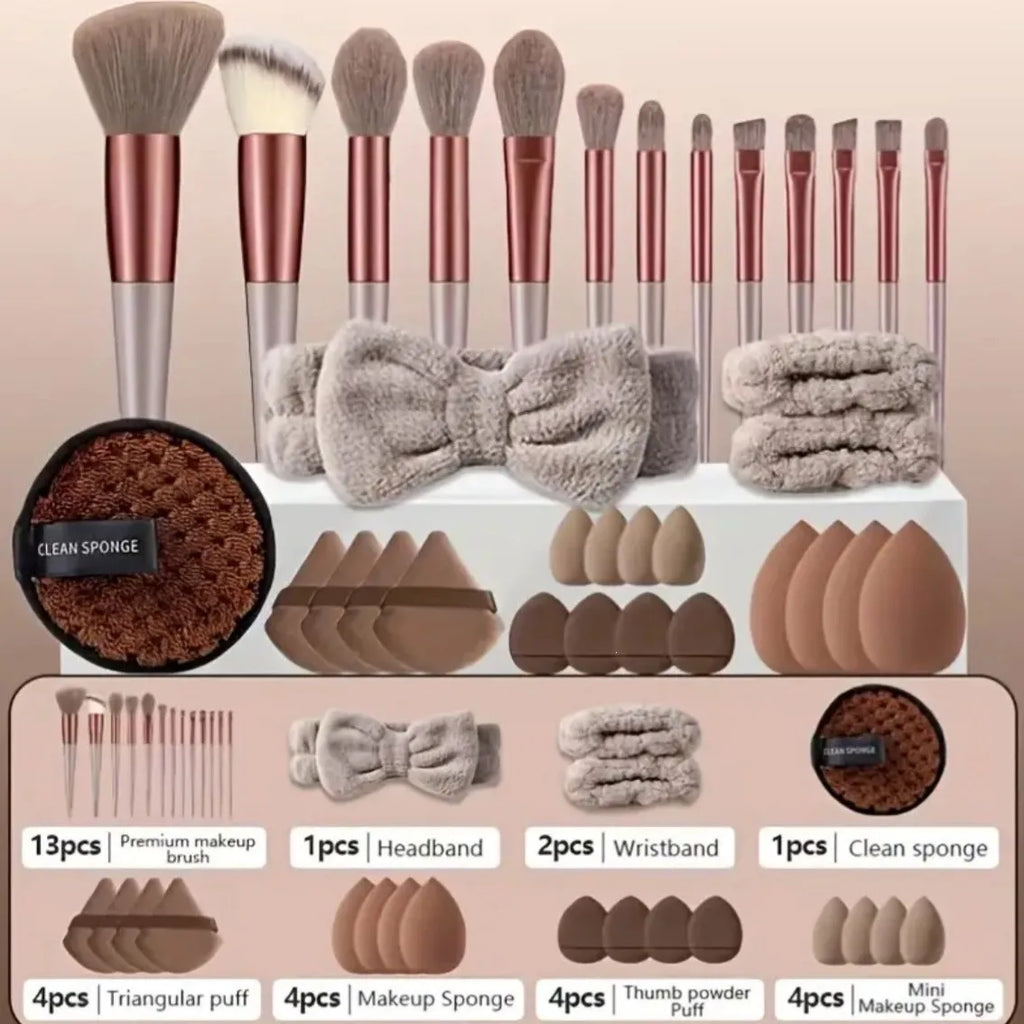 33Pcs Full Makeup Tool Kit, 13 Brushes + Sponges + Finger Puffs + Headband for Face Eye Makeup Daily Touch Ups Travel Kit