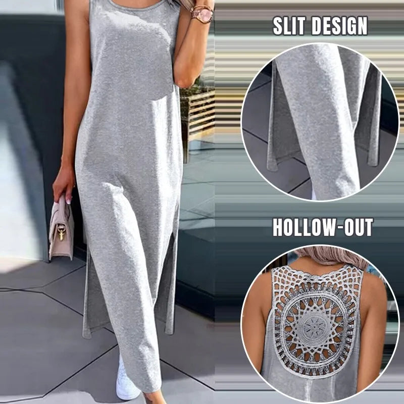 Summer Casual Temperament Fashionable Slim Fit Solid Color Round Neck A-line Skirt Lace Lace Lace Back Sleeveless Slit Dress