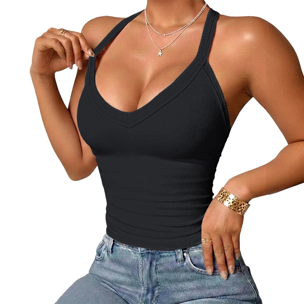 Women's Ribbed Tank Tops knitted Deep V-Neck Cropped Tops Sleeveless Slim Fit Camisole Streetwear Corset Vest Summer Basic Tops