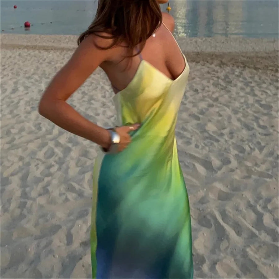 Puloru Gradient Color Summer Cami Long Dress Sexy Backless Cross Spaghetti Strap V-Neck Wrap Party Dress for Beach Nightclub