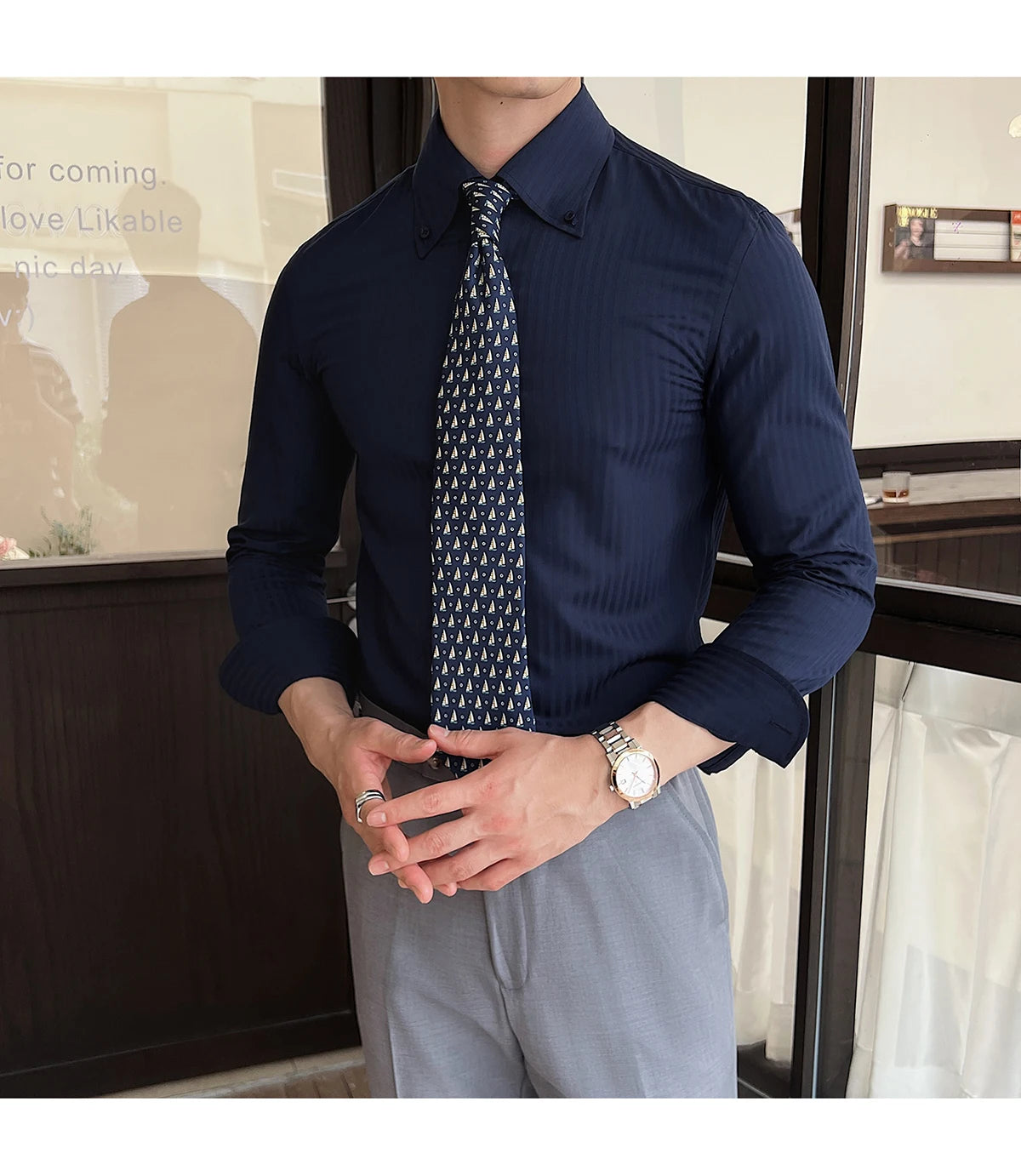 High-quality autumn men's new long-sleeve dark striped slim-fit shirt business casual formal workwear M-4XL