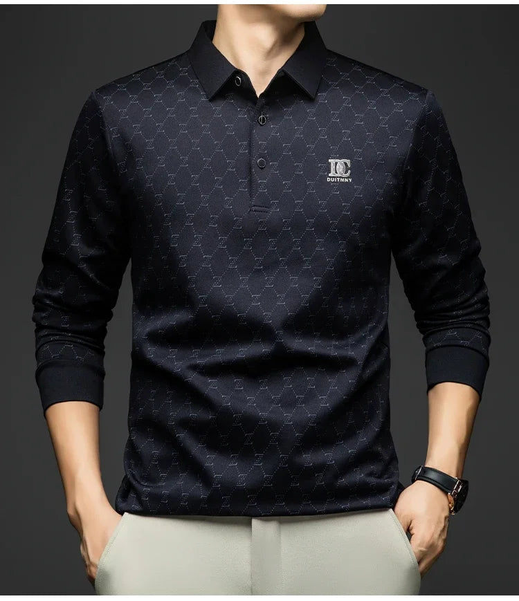 BROWON 2026 Spring Autumn Elegant Polo Shirts for Men Long Sleeve Lapel Color Printed Soft Comfortable Males Tops and Tees