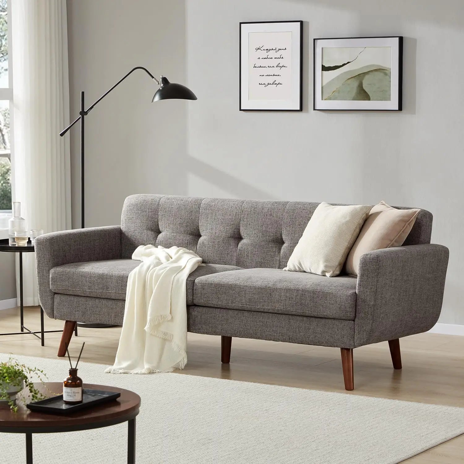 Linen Sofa Loveseat Mid Century Modern Button Tufted Upholstered Solid Easy Install Living Room Bedroom Beige, Customized