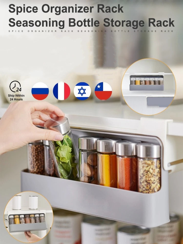 Kitchen Spice Rack Self-adhesive Spice Organizer Rack Seasoning Bottle Spice Organizer Wall-mounted Under-Shelf Kitchen Storage