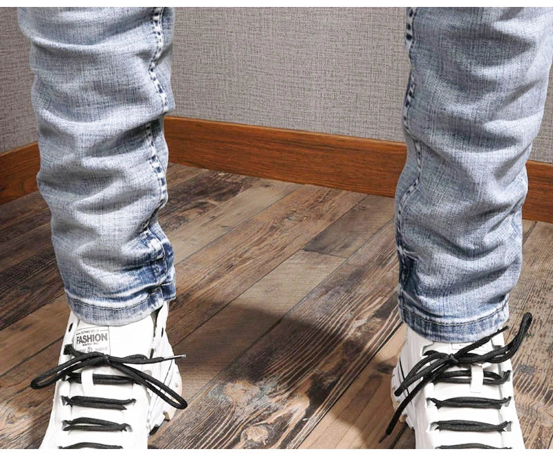 Streetwear Fashion Men Jeans Retro Light Blue Elastic Slim Fit Ripped Jeans Men Embroidery Designer Vintage Casual Denim Pants