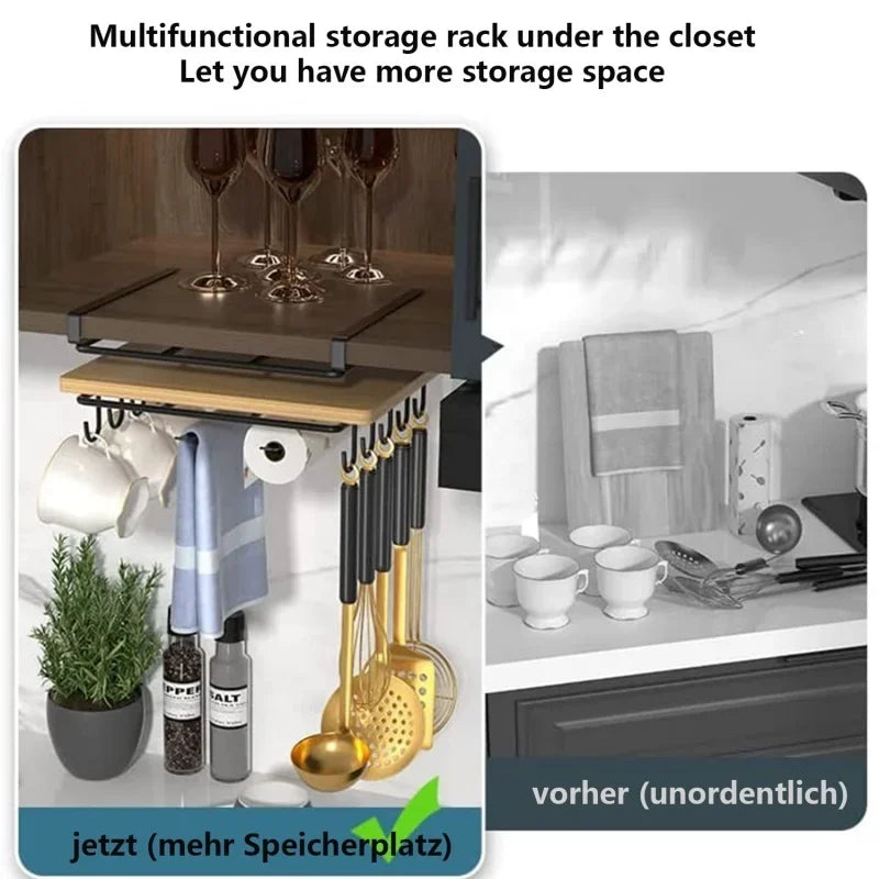 Kitchen Under Cupboard Hanging Organizer Rack with Hook Paper Towel Rags Hanger Cutting Board Pot Cover Holder Storage Shelf