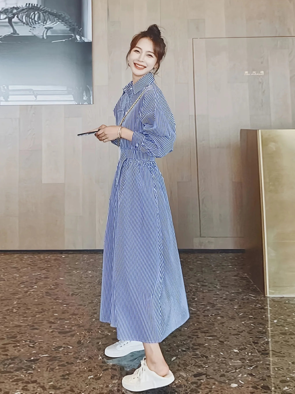 2025 New! Women's Blue - White Stripe Shirt Dress, Ideal for Spring & Fall. Slimming with Cinched Waist, High - end Long Dress