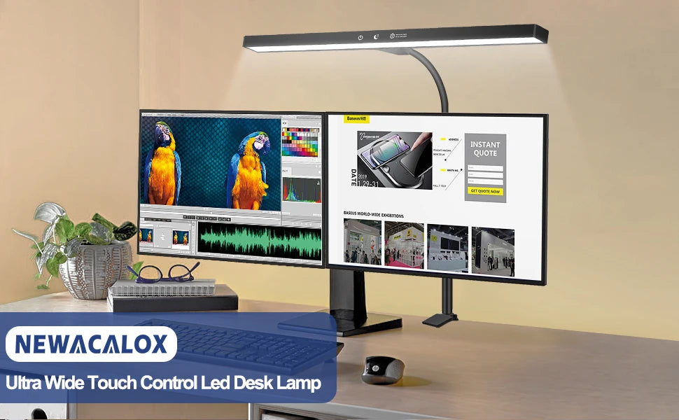 NEWACALOX EU/US 12V 24W Touch Control Desk Lamp with Clamp 360° Adjustable Gooseneck 3 Colors Table Light for Home Office Study