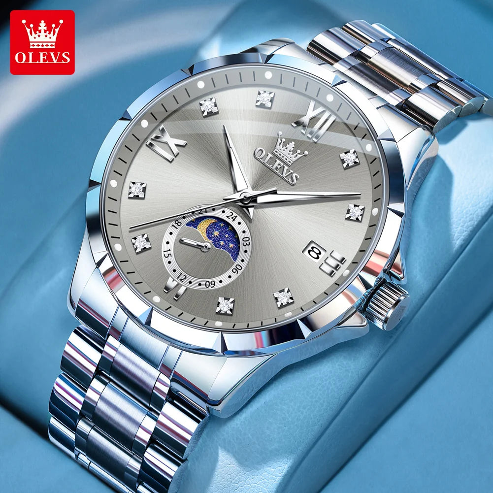 OLEVS 2956 Mens Watch Business Original Quartz Watch Large Dial Waterproof Luminous Automatic Date Moon Phase Watches For Man