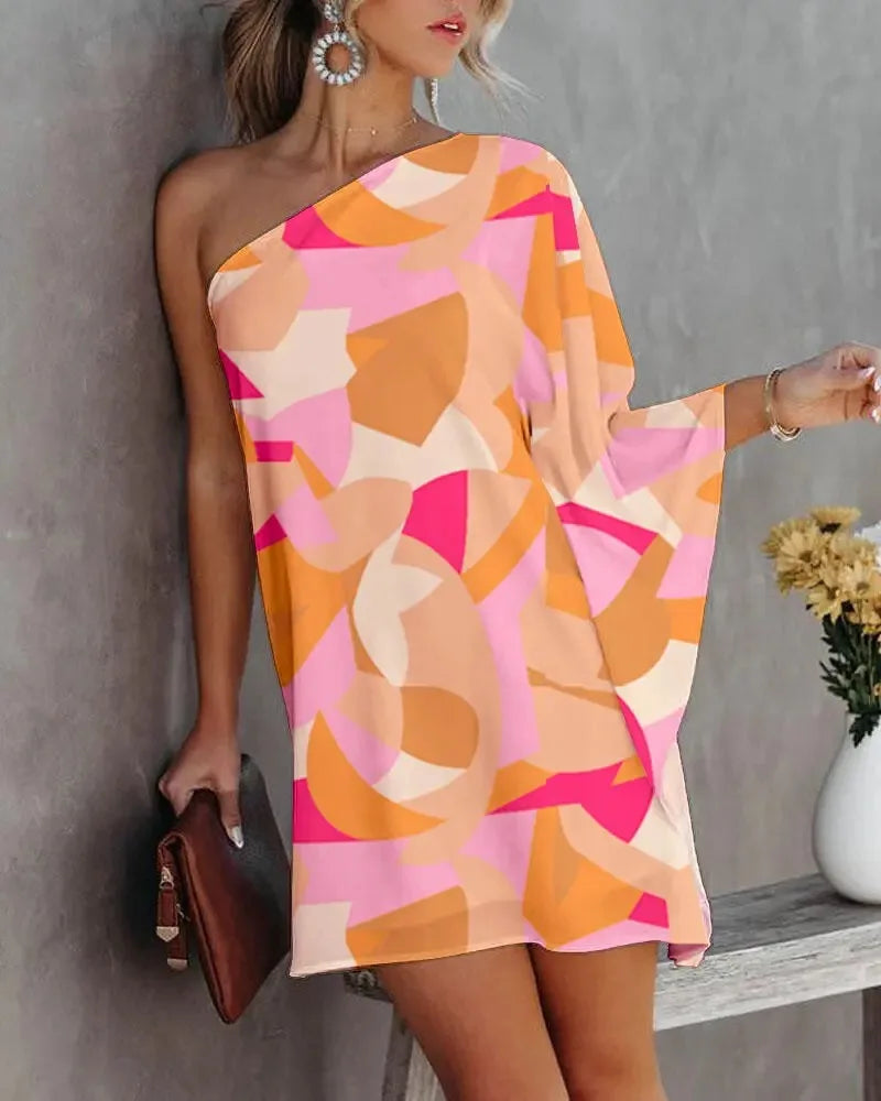 Summer Commuter Women's S-2XL size Dress One Line Diagonal Neck Off Shoulder Solid Color and PrintedMetal Strap Bat Sleeve