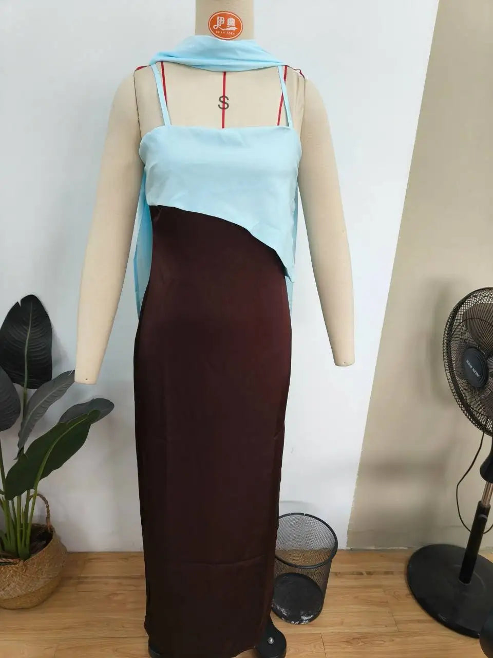 Color Blocking Scarf Collar Suspender Women Maxi Dress Spaghetti Strap High Split Floor Length Evening Dresses Lady Party Robes