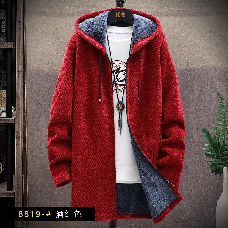 Men's Knitted Sweater Cardigan Thickened Fleece Hooded Casual Style Warm Outerwear Autumn Winter New Arrival Korean Version