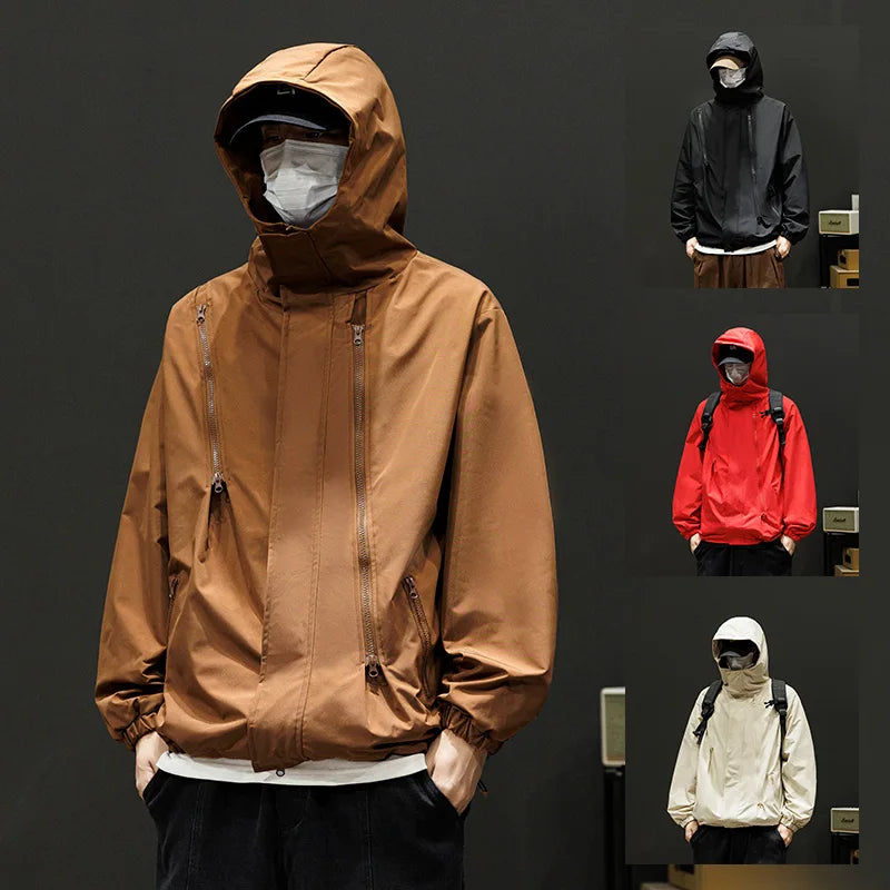 Japanese Windbreakers Men's Jacket Zipper Coat Cargo Waterproof Jackets Bomber Camping Loose Thin Softshell Hooded Hiking Jacket