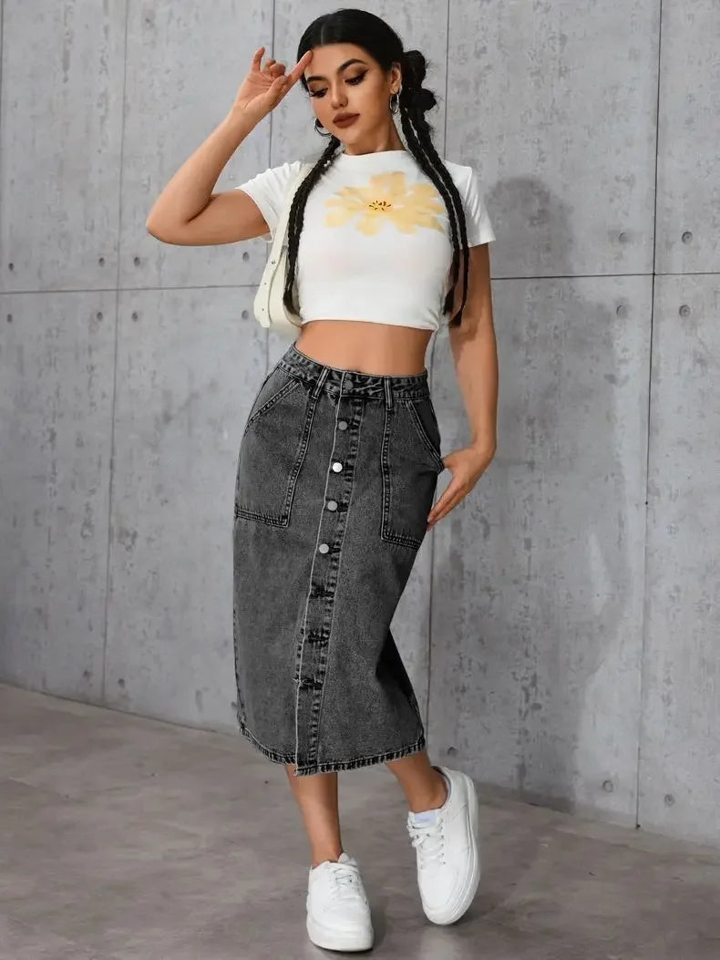 Women High Waist Stretchy Denim Pencil Skirt Midi Length Knee-Length Slit Bodycon Flattering Casual Daily Streetwear