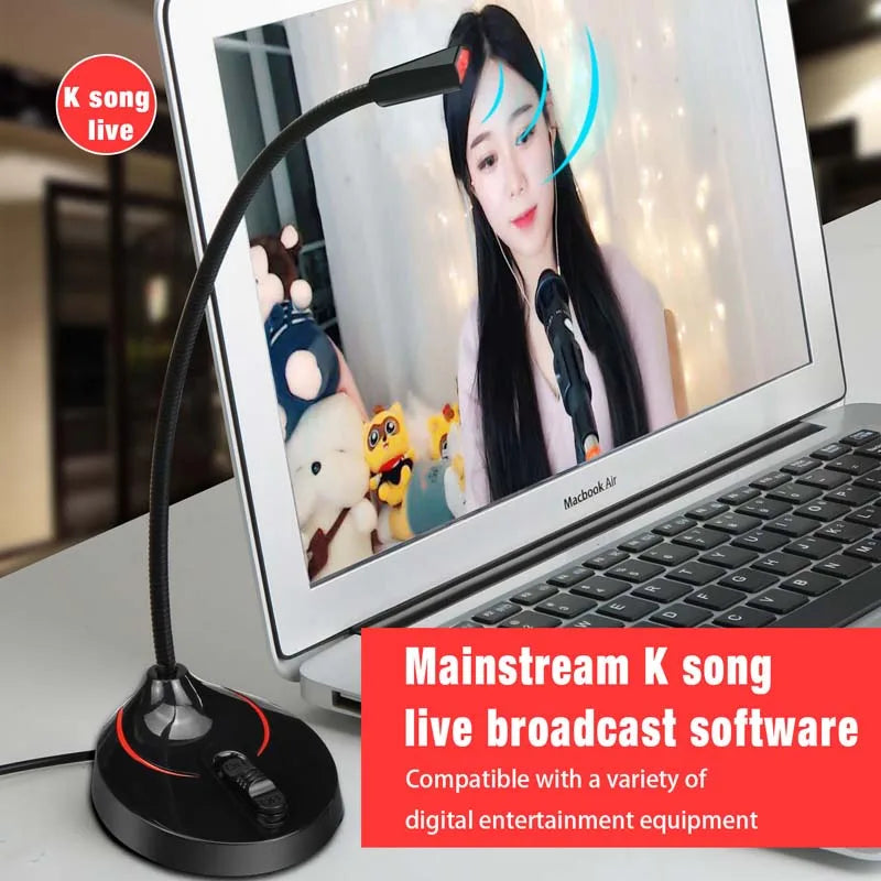Microphone Live Broadcast Streaming Network Video Microphone Game Audio Call Bending Metal Tube Stable One Touch Control Mic