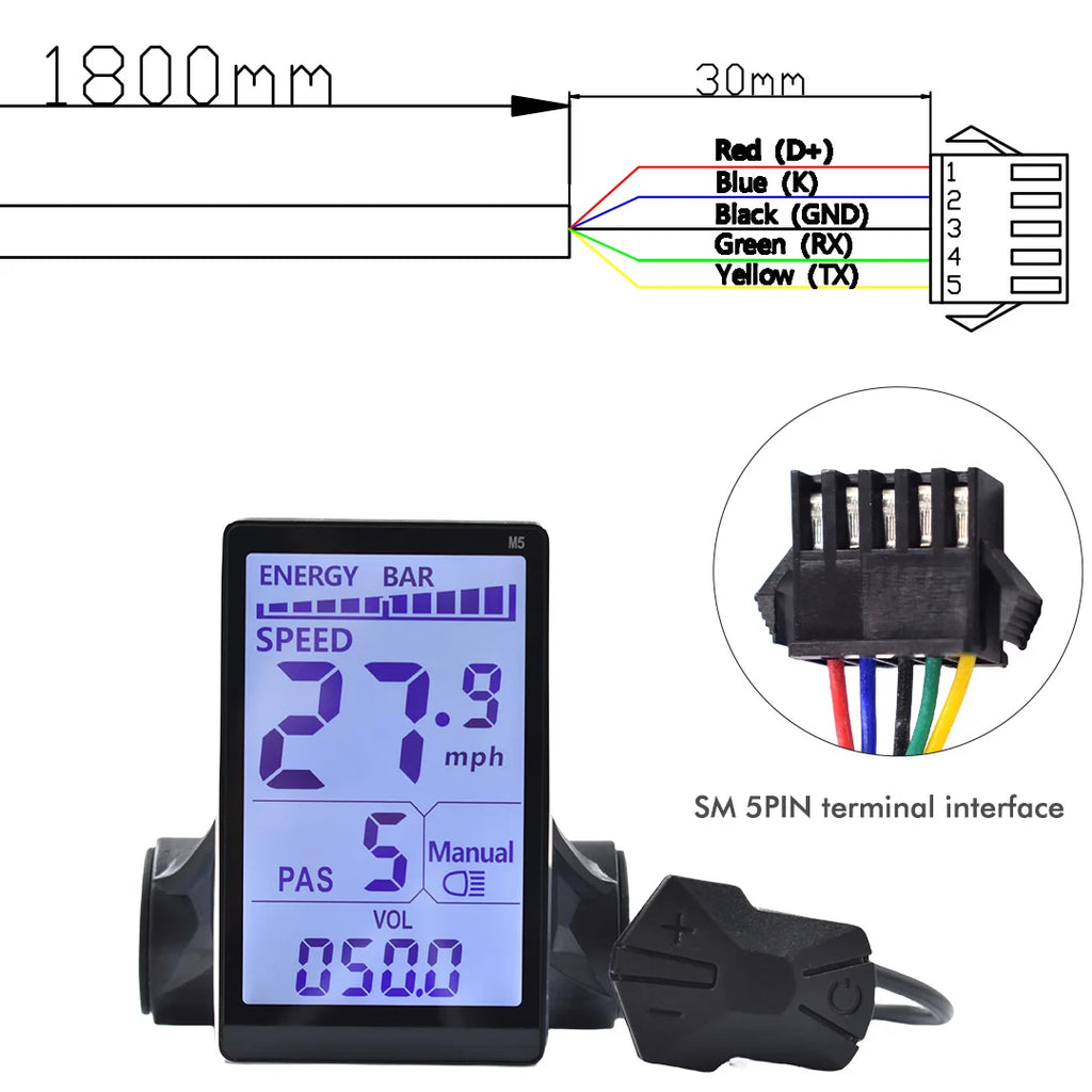 UART2 M5 24V 36V 48V Electric Bicycle Colorful Display E Scooter LCD Panel With USB UART For Mountain Electric Bike Parts (6PIN)