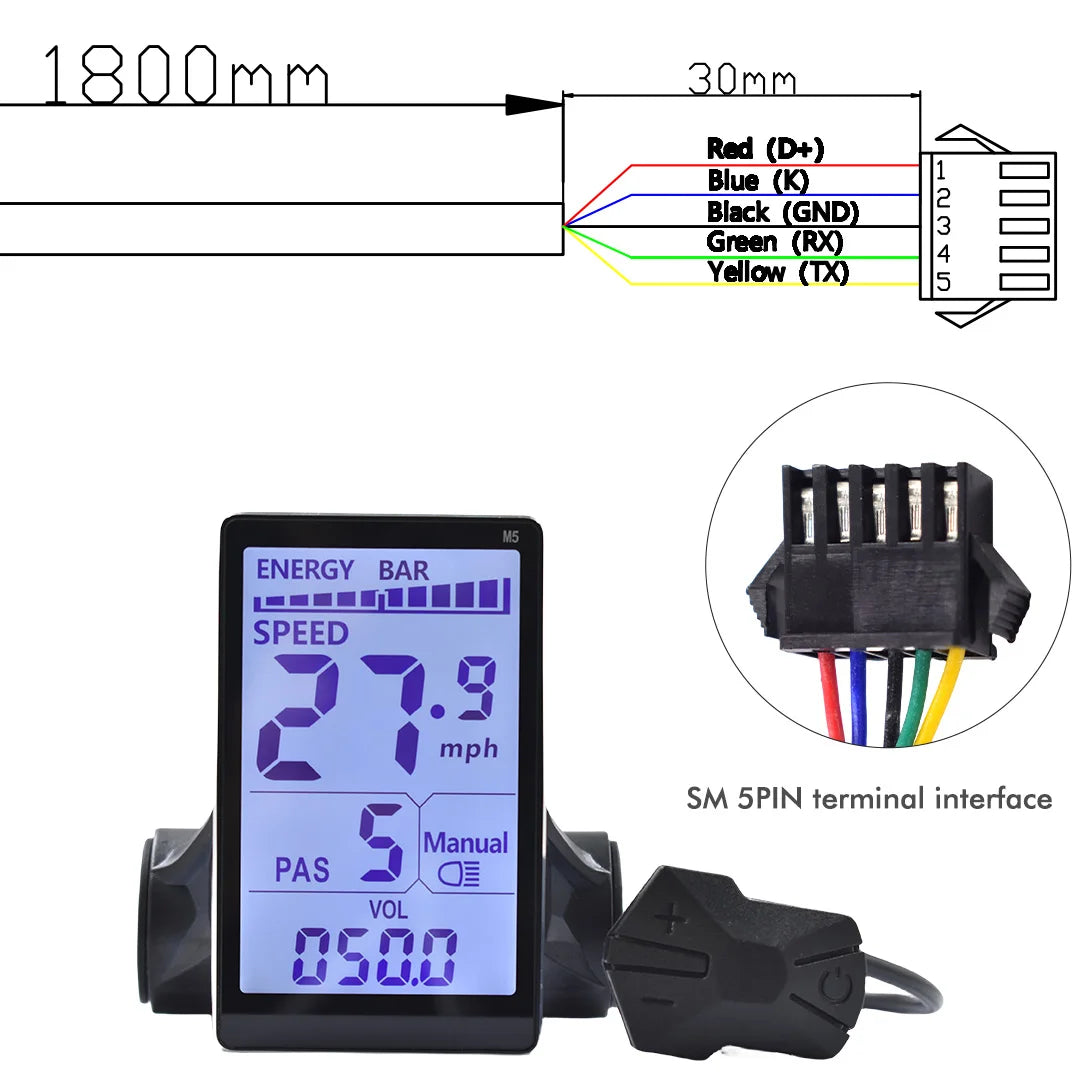 UART2 M5 24V 36V 48V Electric Bicycle Colorful Display E Scooter LCD Panel With USB UART For Mountain Electric Bike Parts (6PIN)