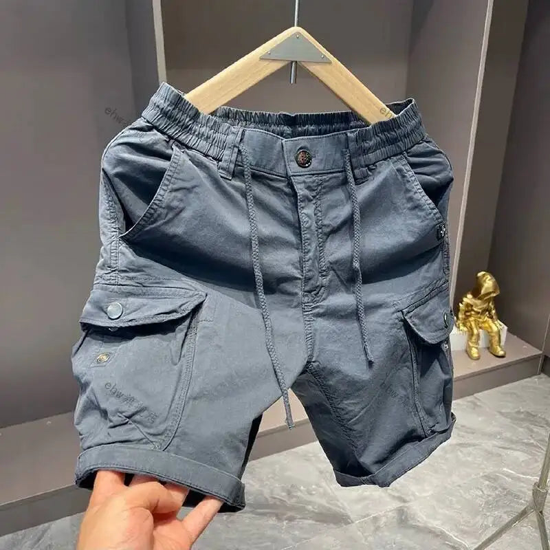 Summer Men's Drawstring Elastic Waist Cargo Shorts Casual Multi-Pocket Loose Elastic Cotton Five-Point Mid-Length Short Pants
