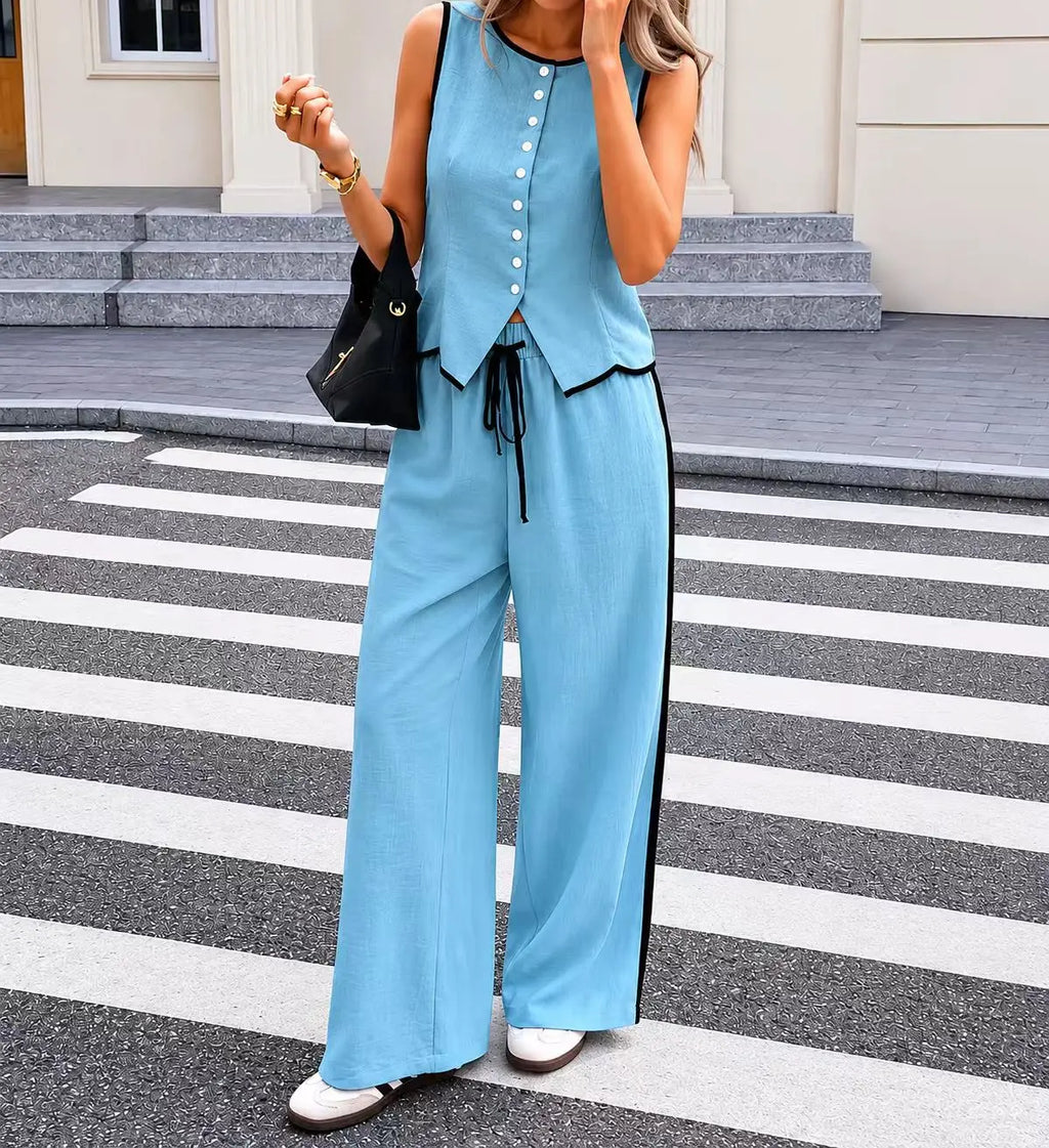 2026 New Multi Color Contrast Edge Tank Top and Trousers Suit Ladies Sleeveless Waistcoat Loose Pants Daily Travel Streetwear