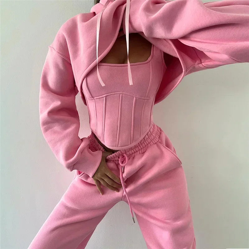 New Lace Up Pants Sets Women Slim Solid Splice Tank Tops Woman Long Sleeve Short Hoodies And Pant Suits Women Outfits Winter