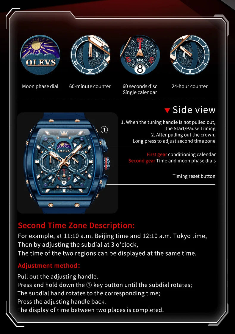OLEVS 2942 Men Watch Automatic Calendar Waterproof Luminous Moonphase Watch Top Brand Tonneau Large Dial Hollow Men Quartz Watch