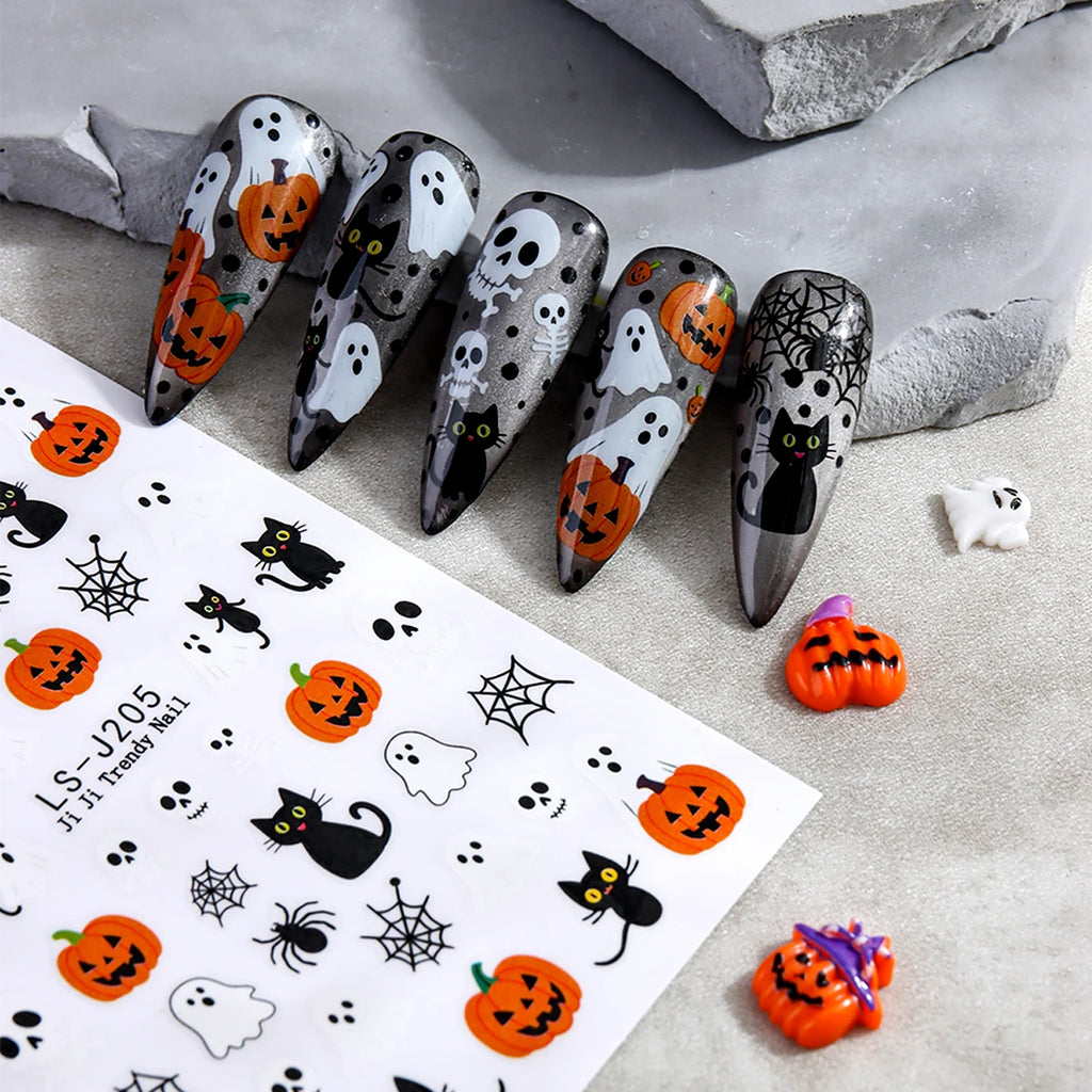 Halloween Nail stickers, cartoon Ghost Pumpkin Spider Web Designs, Halloween and Autumn-Themed Nail Decals, Nail Decorations