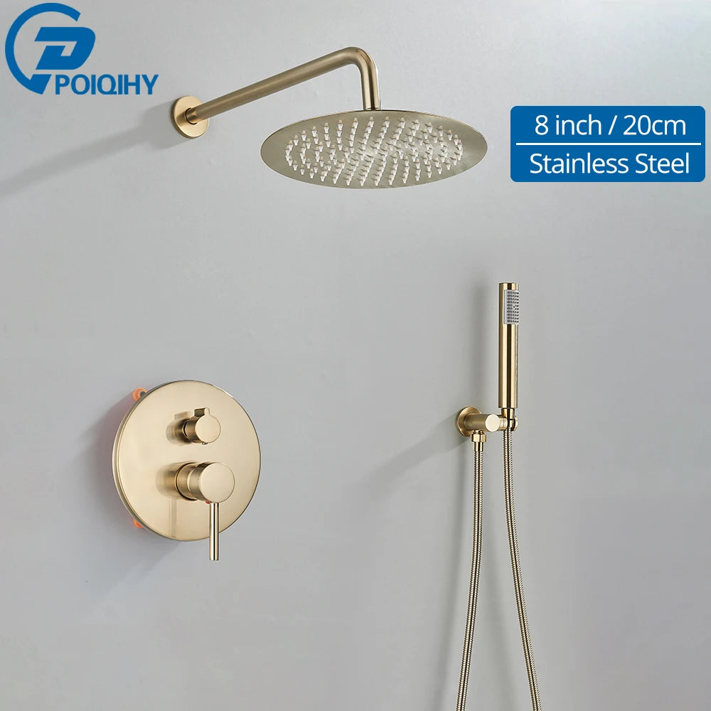 Brushed Gold Shower Faucet Embedded In 2 Ways Shower Mixers Wall Mounted Rainfall Bathroom Shower Tap Stainless Steel Head