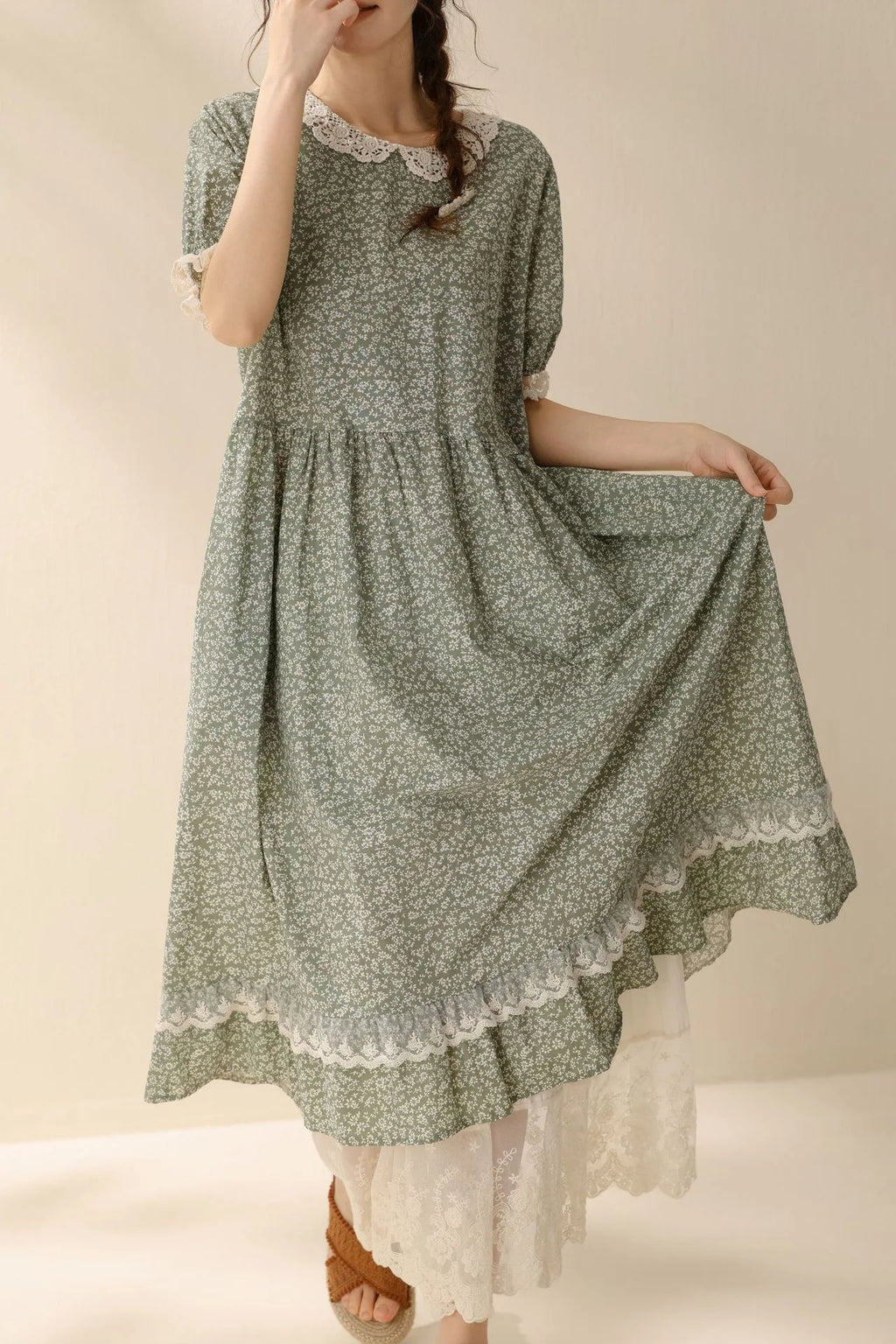 Vintage Ruffled Cotton Linen Flower Dress Women's New Summer Peter Pan Collar Short Sleeve Loose Boho Dress Casual Midi Vestidos