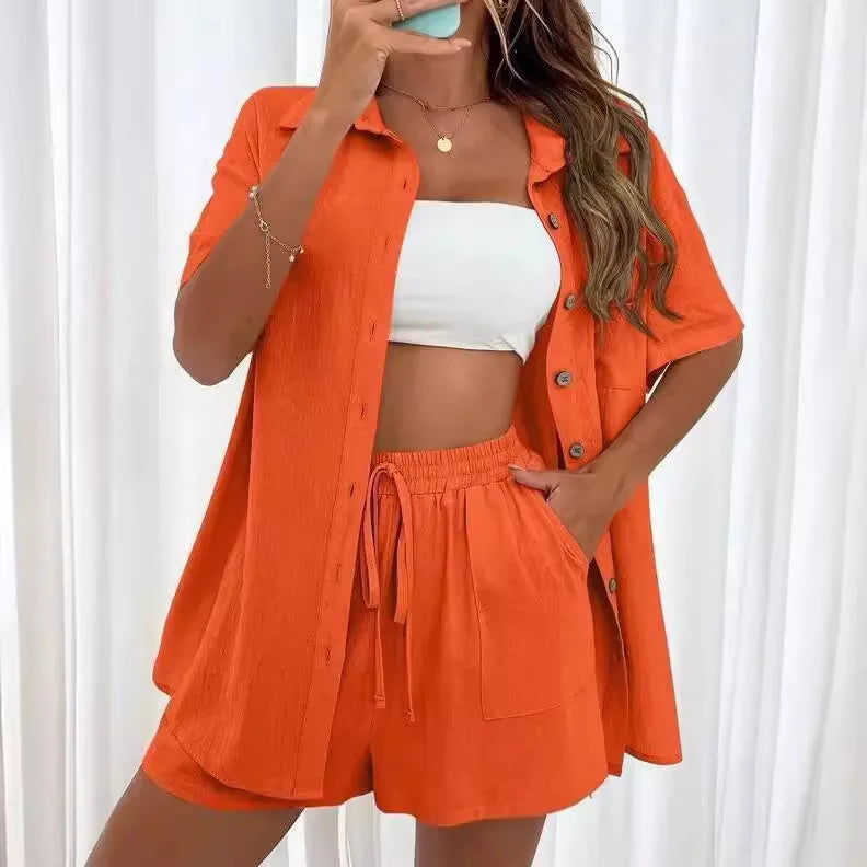 Solid Color Single Breasted Top Casual Loose Short Pants Sets Women Summer Women's 2 Pieces Suit Full Set Female Outfit Clothes