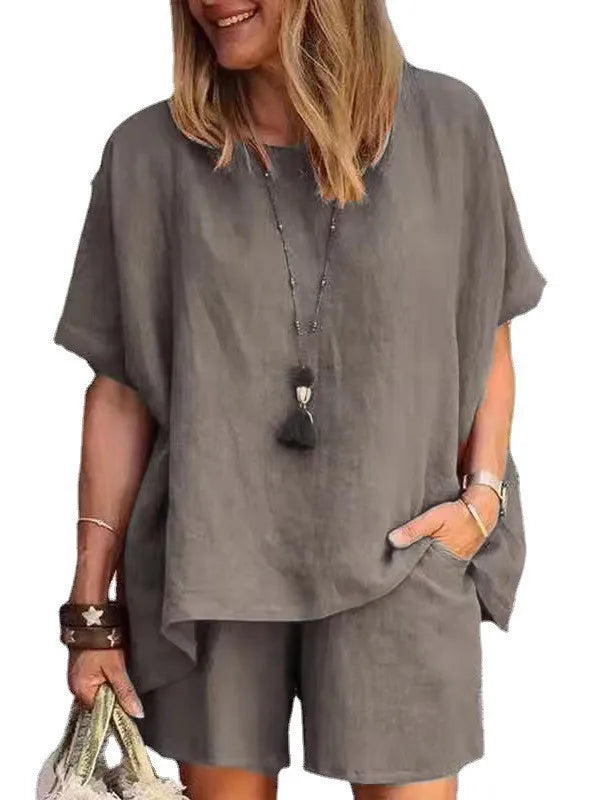 Ladies Shorts Suit Fashionable Summer Women's Elegant Solid Color Pullover Loose Cotton Linen Short Sleeved Shorts Two-piece Set
