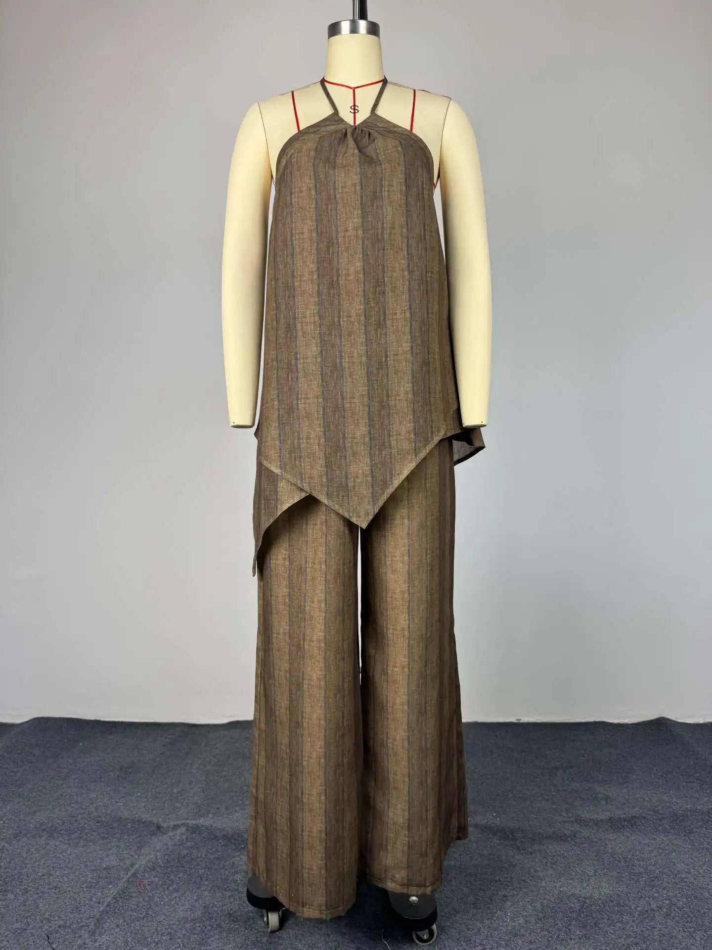 2026 2 Piece Sets Lady Chic Holiday Outfit Y2K Green Stripe Long Pant Sets For Women Spring Summer Halter Vest Top Wide Leg Pant