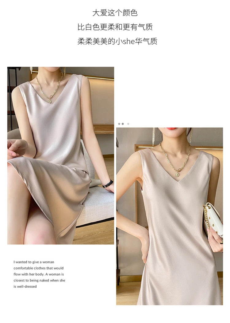 LHZSYY Silk Satin Front/Back V-neck Sling Dress Women's Sleeveless Waistcoat Top Spring Summer New Mulberry Silk Hip Long Skirts