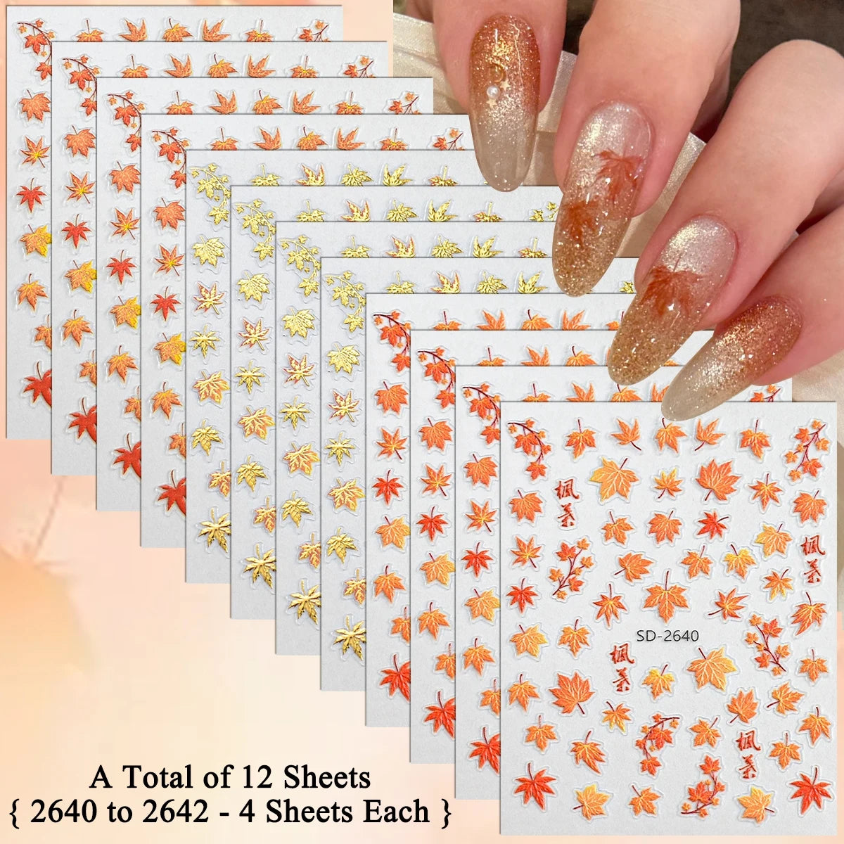 3 to 30 Sheets Autumn Maple Leaves Nail Stickers 5D Embossed Gold Foil Fall Leaf for Nails, Self-Adhesive DIY Manicure Art