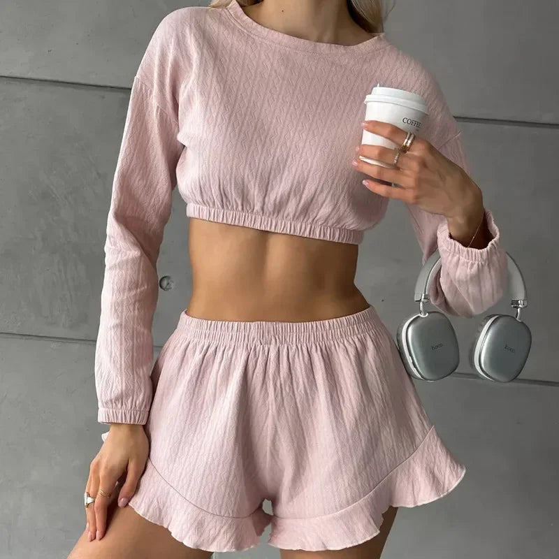 2026 Summer New Jacquard Waist Shorts Solid Color Top and Shorts Two Piece Set for Women
