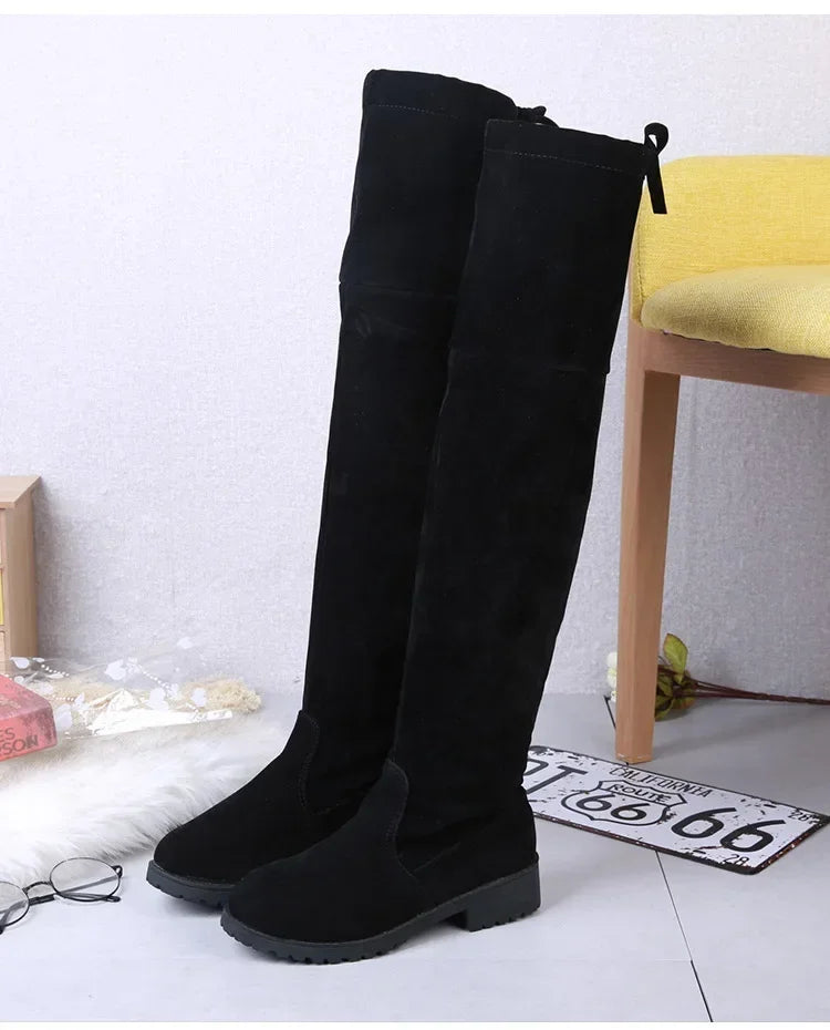 Faux Suede Female Heels Autumn Winter Elastic Knee-high Boots for Women Tube Lace-up Thigh Boots Black Botas