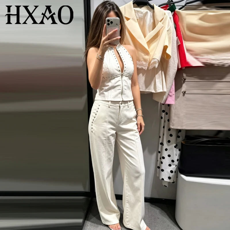 HXAO White Jeans Sets Women's Two -Piece Set Chic Halter Sleeveless Backless Vest Suit High Waisted Straight-Leg Trousers Outfit