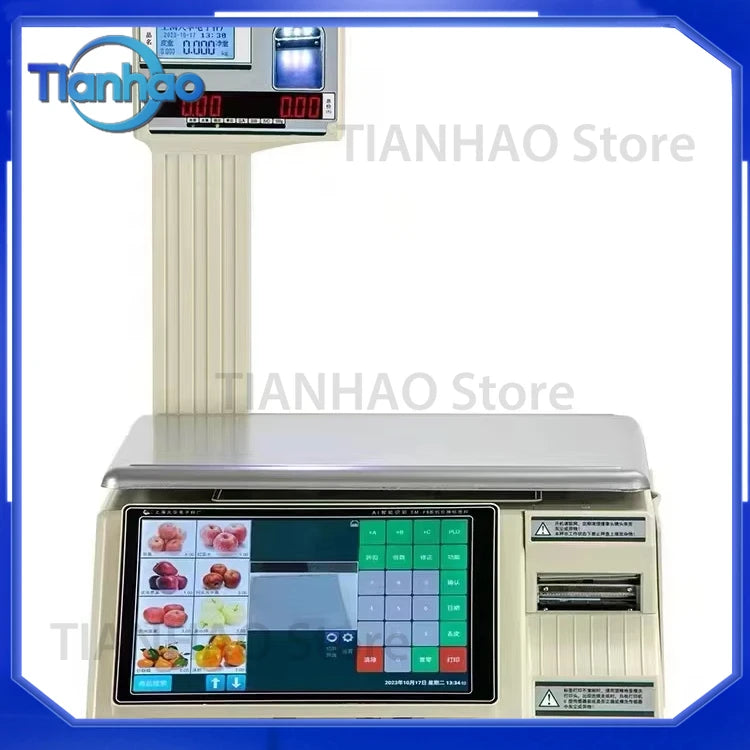 Dual Touch Screen Long Fly Label Scale Digital Weighing POS Terminal Android AI Identify Label Scale for Supermarket