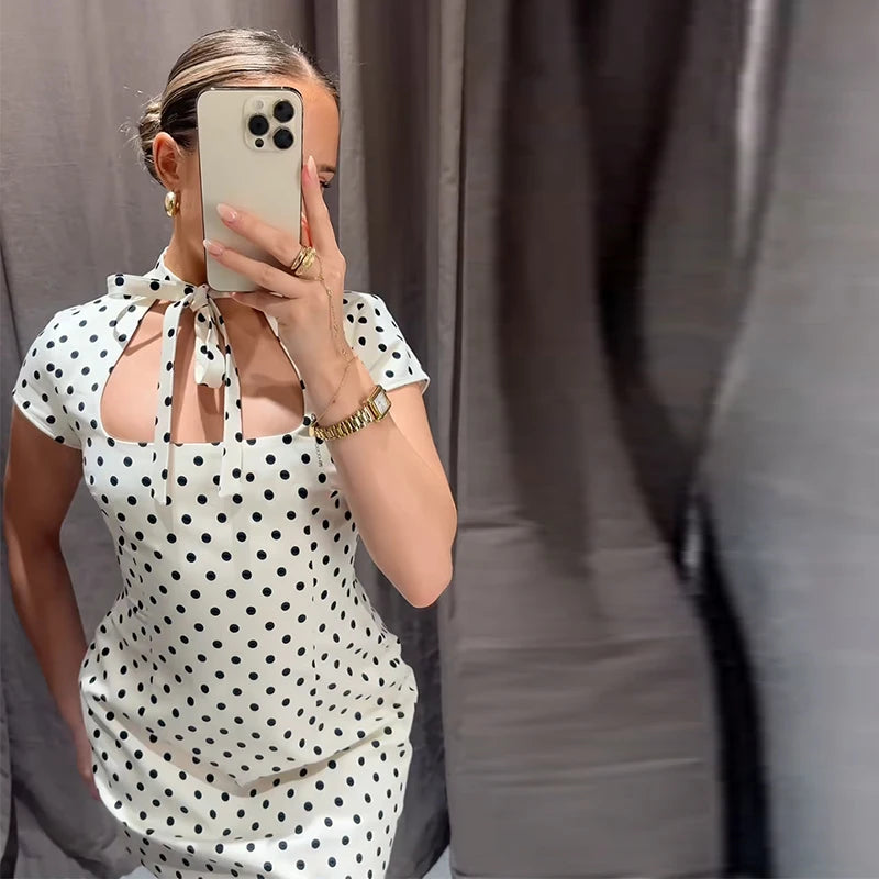 Fashion Lace Up Polka Dot Mini Dress Women Square Collar Short Sleeve Satin Party Dresses2026 Summer Lady Elegant Beach Robe New