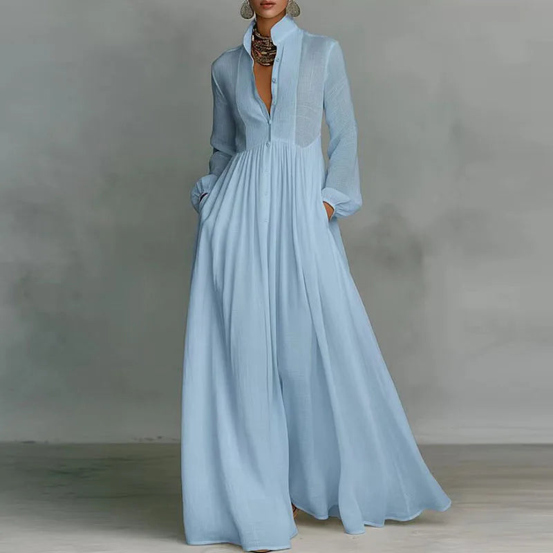 French Elegant High Waist Swing Long Dress Woman Spring Solid Pockets Pleated Maxi Dress Autumn Long Sleeve Button Evening Dress