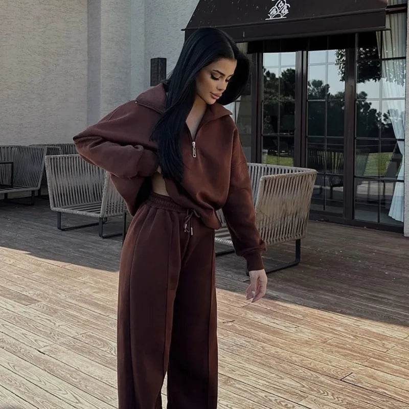 2025 Winter Casual New In Matching Sets 2 Pieces Set Woman Two Piece Outfits Women's Clothing Solid Color Pullover Long Sleeves