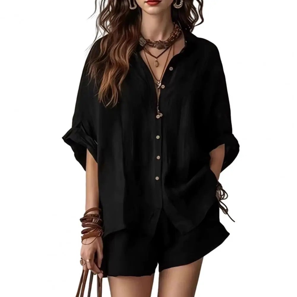 Fashion Loose Print 2 Piece Sets Women Outfit 2026 Casual Short Sleeve Shirt With High Waist Shorts Set Female Homewear