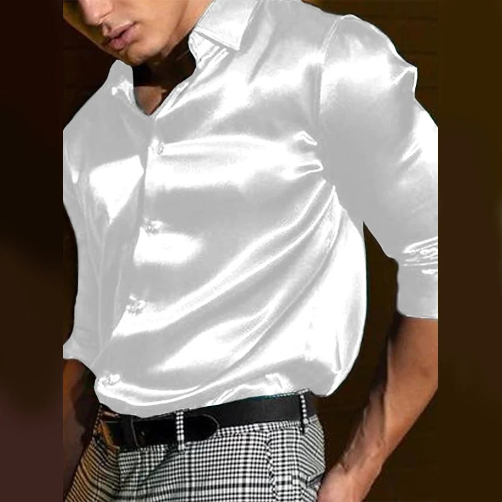 Fashion Autumn Satin Silk Solid Color Long Sleeve Single Breasted Shirt Wedding Party Business Shirts Camisas De Hombre For Men