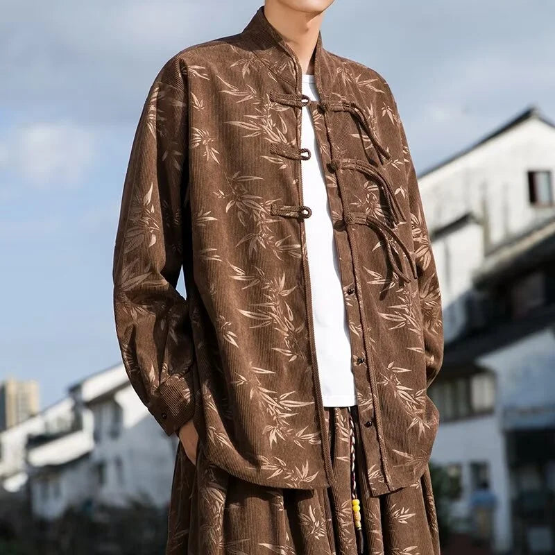 Autumn Retro Single-breast Button Long Sleeve Shirts For Men Graphic Printed Harajuku Corduroy Shirt Y2K Streetwear Tshirts