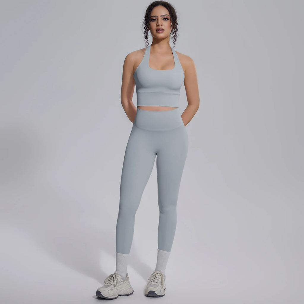 Rooftrellen New Women's Two-piece Set Fitness Sports Solid Color Yoga Set Summer Quick Drying Legging Pants Gather I-shaped Vest