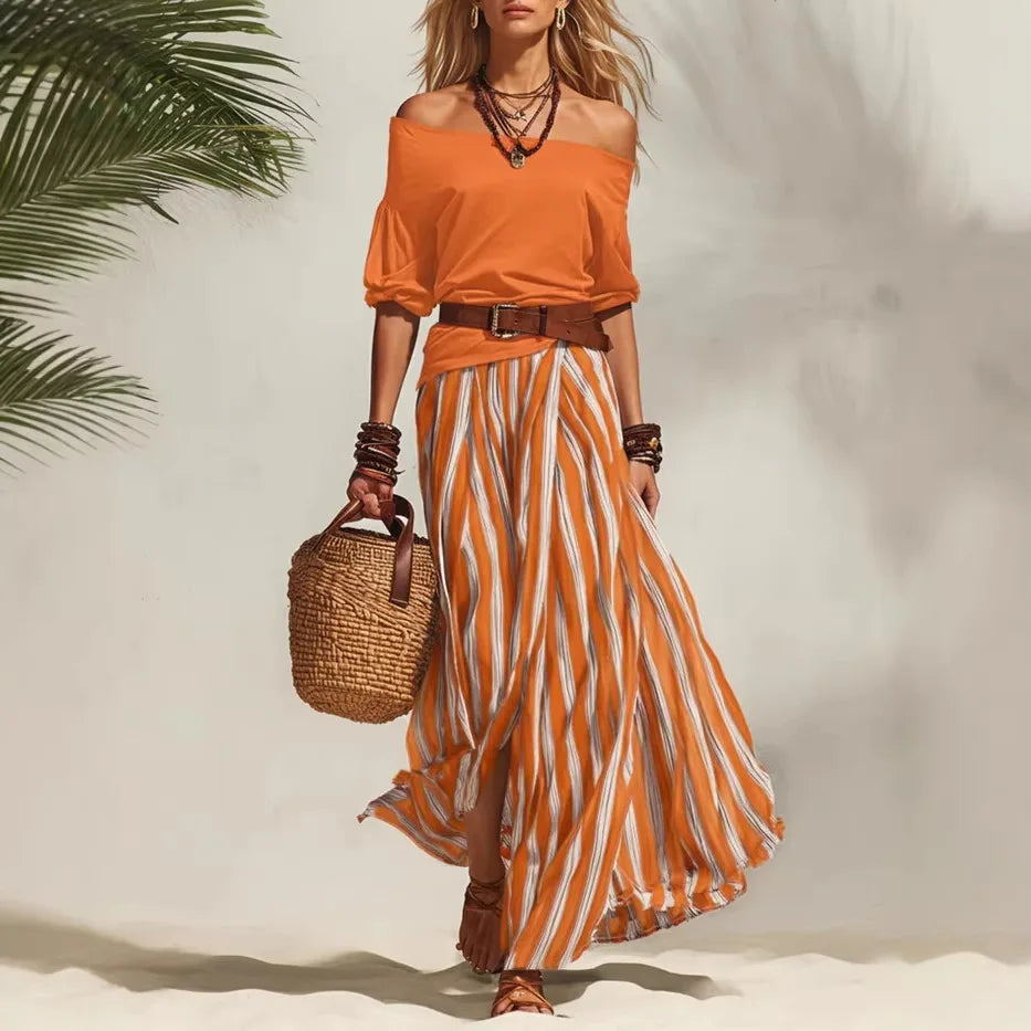 Women Multiple Colors Off Shoulder Puff Sleeve Top Vertical Stripe Flowy Maxi Skirt 2 Piece Outfit Loose Casual Vacation Set
