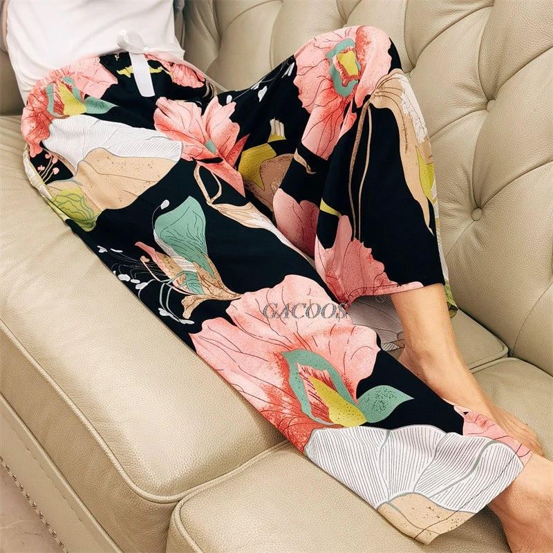 2025 Summer Sleeping Pants Women Thin Bottoms Spring Large Size Home Wear Pants Pajamas Flower Print Loose Cute Beach Trousers