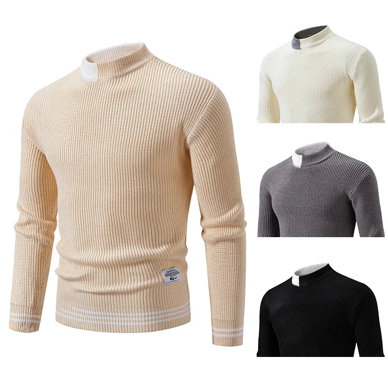High Quality Men's New Autumn Winter Sweaters Casual Warm Mock Neck Pullovers Trend Color Blocking Design Men Sweaters Knit Tops
