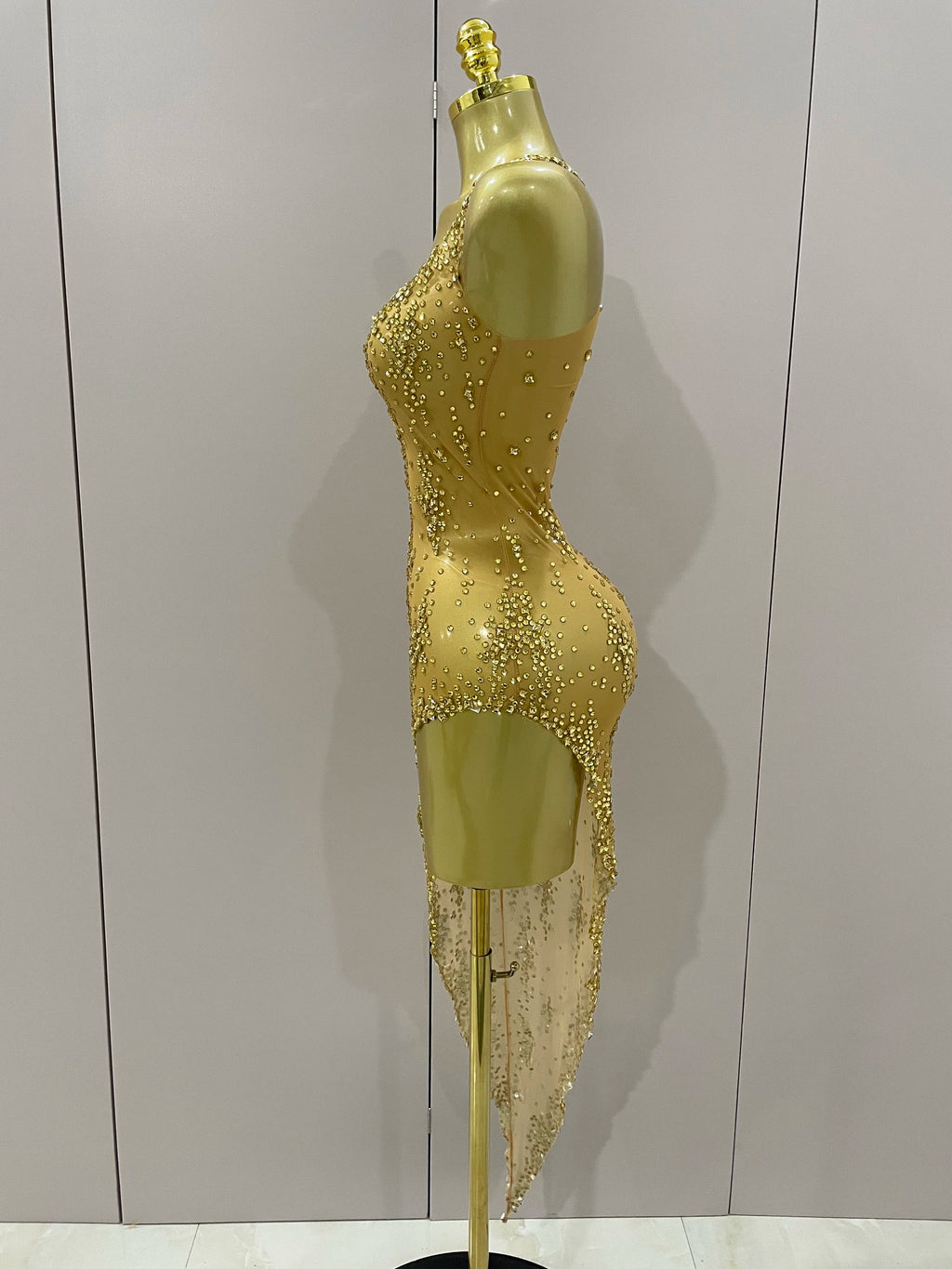 2025 New Sparkly Rhinestone V Neck Stretch Mesh Sexy See Through Dress Women Elegant Party Celebrate Perform Costume Stage Outfi