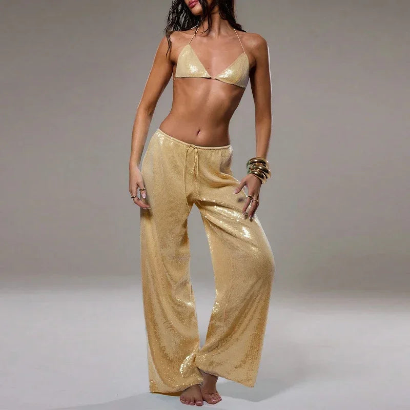 Solid Sequin Elastic Waist Pants Women Loose Fashion Lace Up Wide Leg Trousers Female 2026 Spring Summer Chic Streetwears Outfit