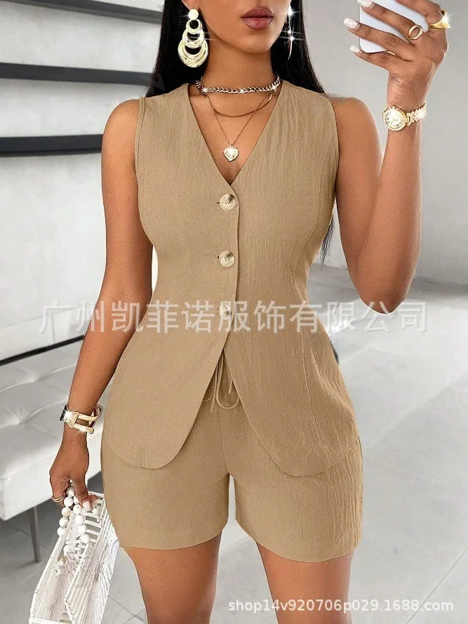 Women Fashion Casual Shorts Set Summer Vest Top Button Solid 2 Pieces Set Lace-up Pant Suits Womens Clothing Office Holiday 2025